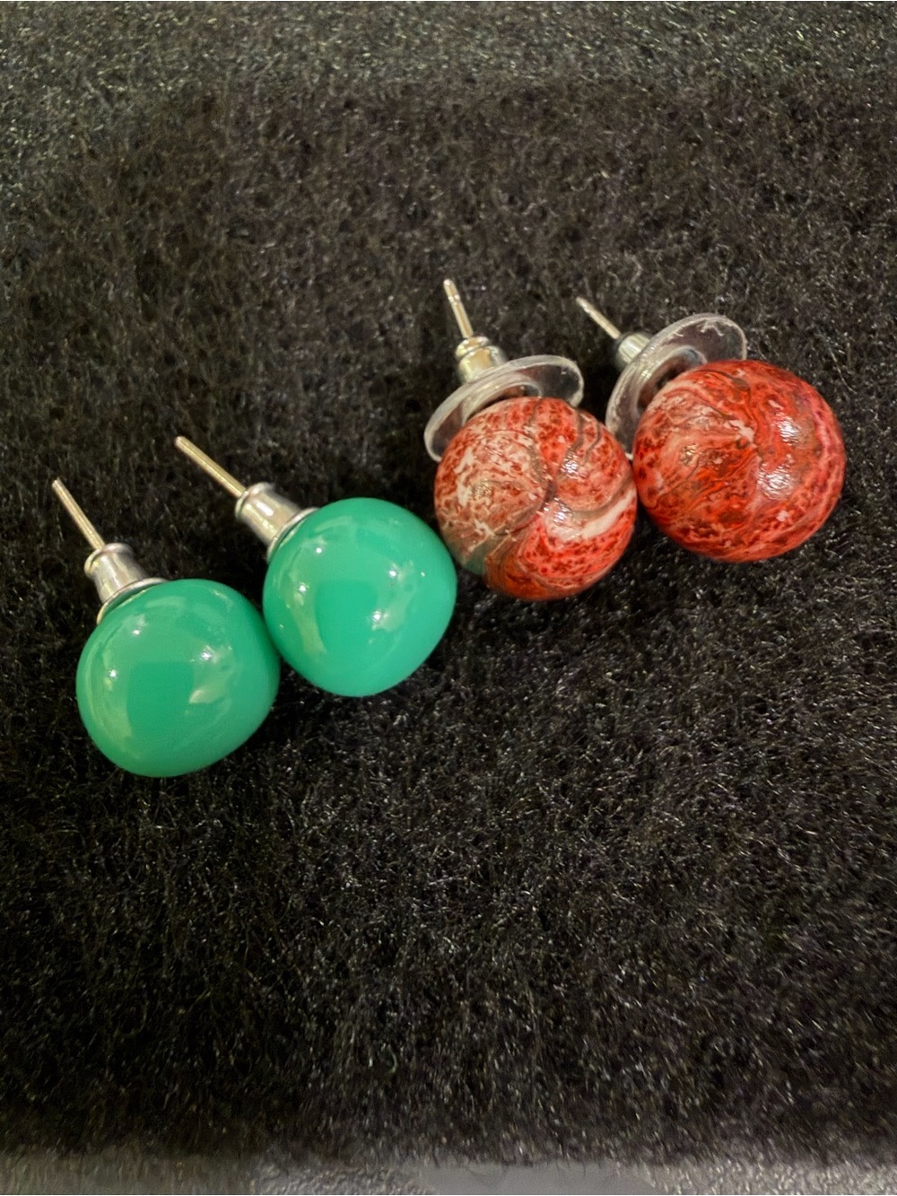 Handmade Green and Red Round Stud Earrings - Set of 2 Pairs